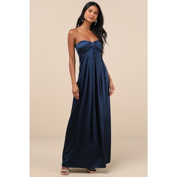 Lulus NWT Memorable Entrance Dark Blue Strapless Satin Pleated Maxi Gown Dress - Picture 1 of 12
